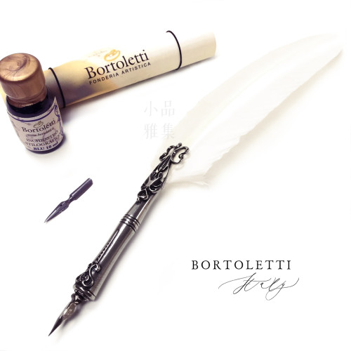 義大利 Bortoletti Set80 羽毛沾水筆+沾水筆尖+10ml沾水筆墨水一瓶 組合（白色）
