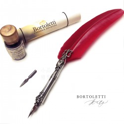 義大利 Bortoletti Set80 羽毛沾水筆+沾水筆尖+10ml沾水筆墨水一瓶 組合（紅色）