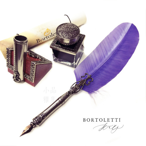 義大利 Bortoletti Set82 羽毛沾水筆+筆座+30ml黑色墨水一瓶（紫丁香羽毛）