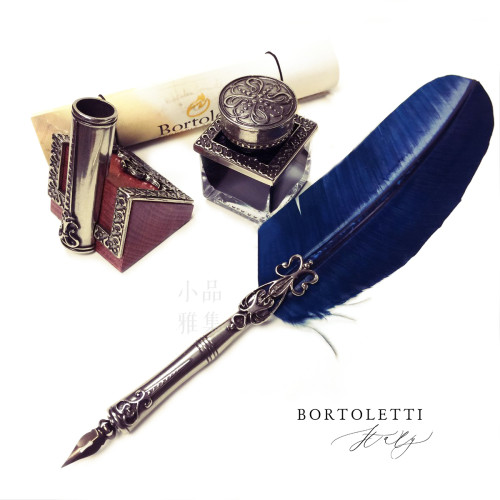 義大利 Bortoletti Set82 羽毛沾水筆+筆座+30ml黑色墨水一瓶(綠松石藍羽毛)