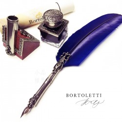 義大利 Bortoletti Set82 羽毛沾水筆+筆座+30ml黑色墨水一瓶（深藍色羽毛）
