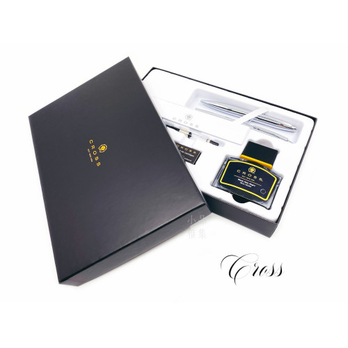 CROSS 高仕 凱樂系列 亮鉻白夾 鋼筆+原子筆+墨水禮盒組