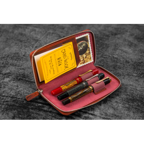 土耳其 Galen Leather 蓋倫皮革 3支入 卡夾 拉鍊式 兩用筆套 (瘋馬皮橘)