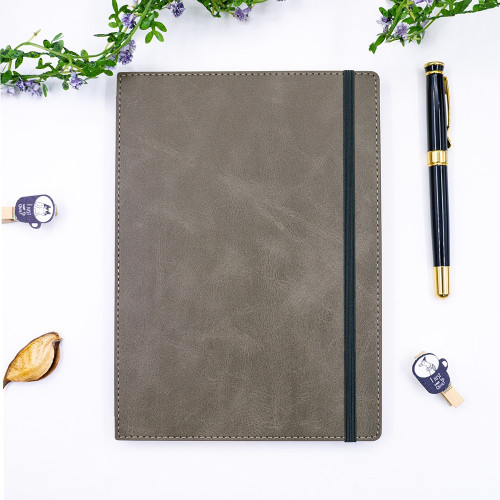 臺灣 Leatai 磊泰 介紙 鋼筆專用書寫紙 方格+橫線內頁 / A5雙色牛紋仿皮革筆記本(灰色)