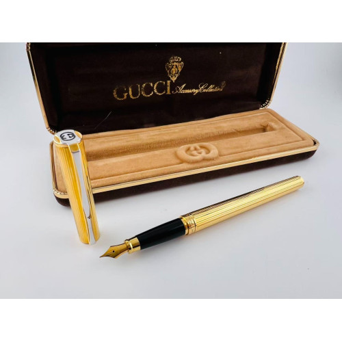 ☆典藏老筆☆ 全新  gucci 古馳  鍍金直紋筆桿 鋼筆 