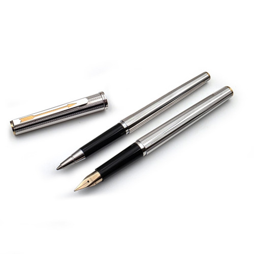 Parker 派克 老筆系列  法國製・銀直條雕刻 Godron｜14K M尖｜鋼筆＋原子筆 對筆組 #PJ61011