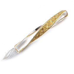 日本 MAROW 江戶切子 日式傳統 菊紋 金箔 全旋 玻璃沾水筆 （短款）