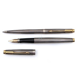 =庫存新品= 派克 Parker 75 美國製 純銀格紋 14K  Ｍ尖 鋼筆 / 原子筆 對筆 全新PJ-63320