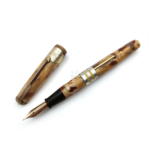 【庫新品】日式 老賽璐珞 拉桿上墨 鋼筆 14K金 半彈筆尖 （奶油咖啡）#GN-78010