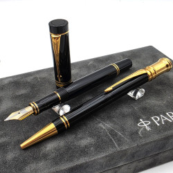 【庫新品】派克 PARKER 小多福 DUOFOLD 黑桿金夾 18K金 原子筆一對 #p2073