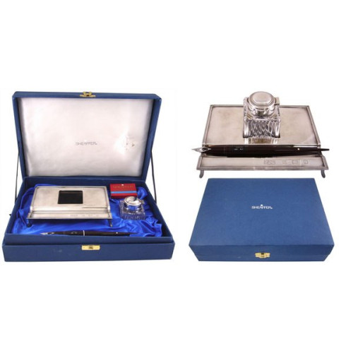 西華限量14k金尖檯筆及800純銀筆座含925純銀瓶蓋墨水瓶一組！