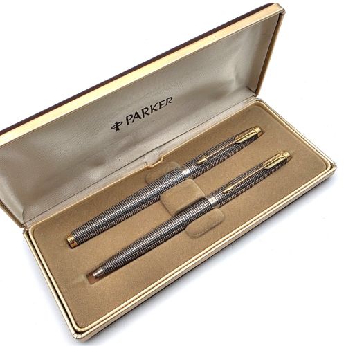 =庫存新品= 派克 Parker 75 美國製 純銀格紋 14K  Ｍ尖 鋼筆 / 原子筆 對筆 全新PJ-63320