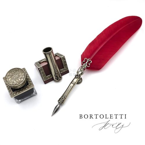 義大利 Bortoletti Set82 羽毛沾水筆+筆座+30ml黑色墨水一瓶（紅色羽毛）