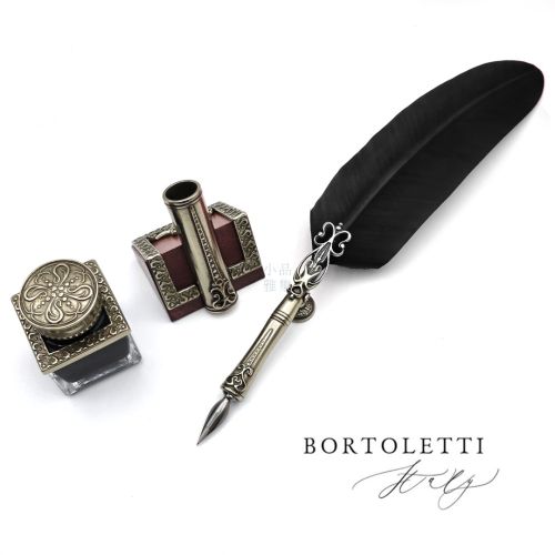 義大利 Bortoletti Set82 羽毛沾水筆+筆座+30ml黑色墨水一瓶（黑色羽毛）