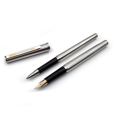 Parker 派克 老筆系列  法國製・銀直條雕刻 Godron｜14K M尖｜鋼筆＋原子筆 對筆組 #PJ61011